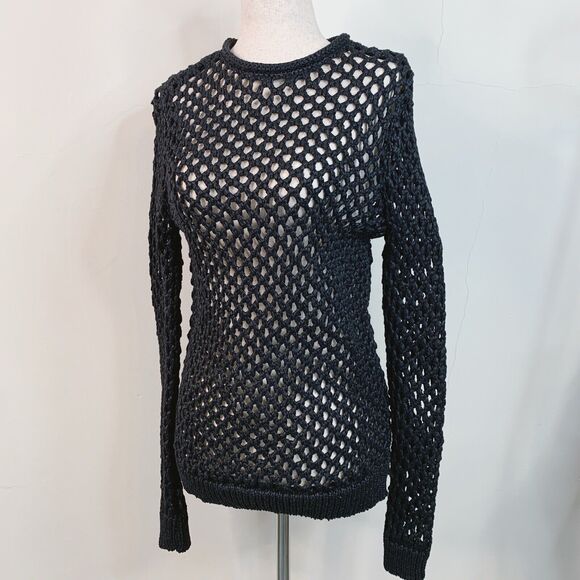 T By Alexander Wang Top Black Crochet Long Sleeve Sweater Open Weave Size XS - Picture 1 of 13